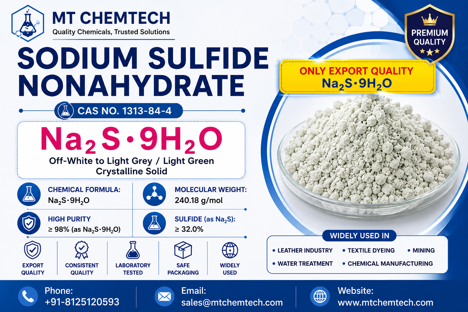 Sodium Sulfide Nonahydrate (Na₂S·9H₂O) — CAS 1313-84-4, premium quality industrial grade